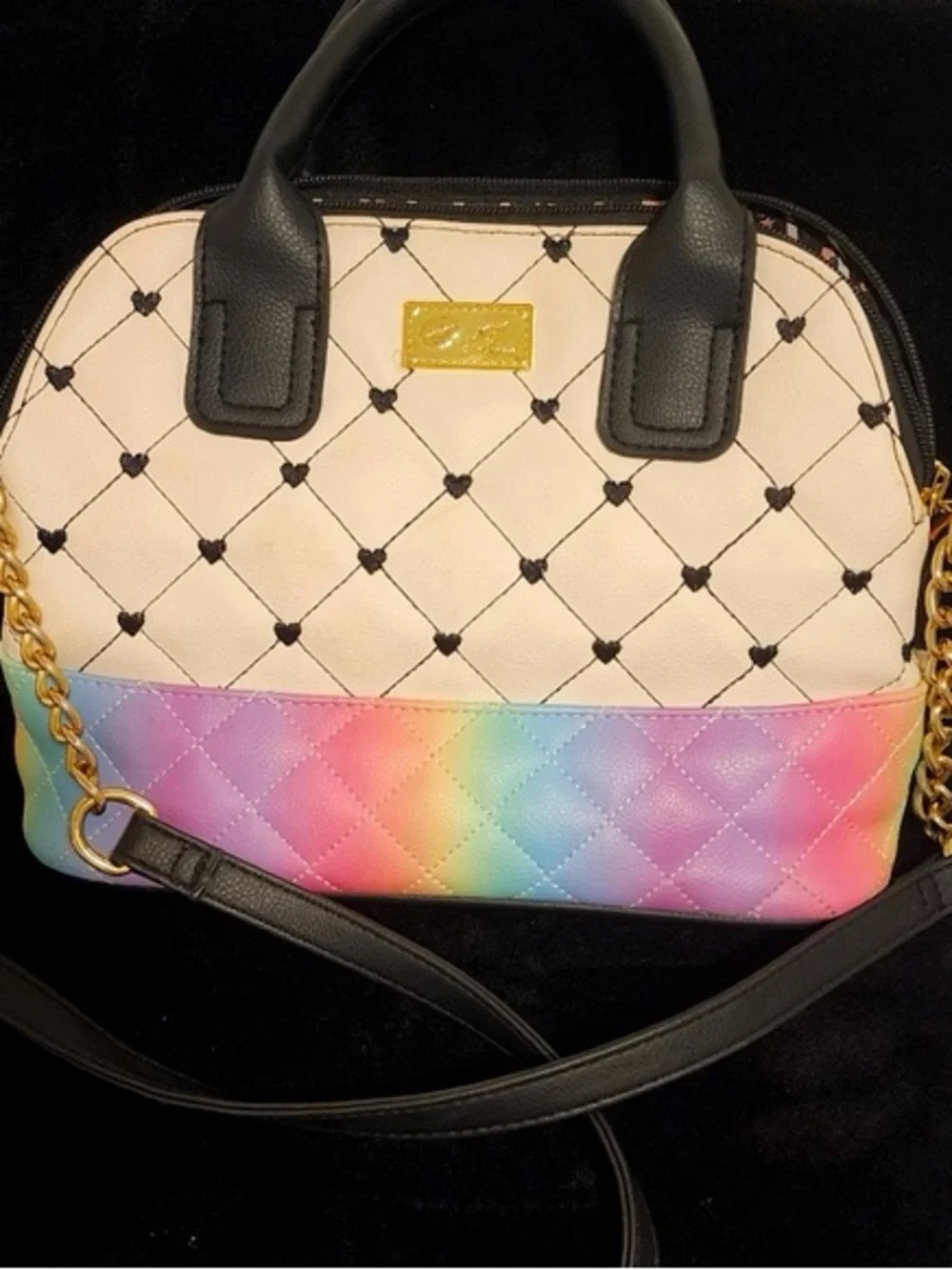Betsey Johnson Cream Quilted Satchel with Rainbow Stripe Panel(NWOT)
